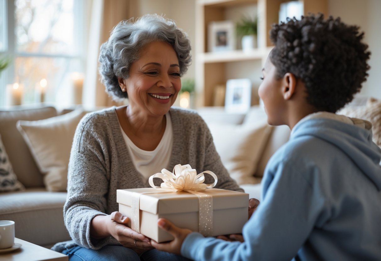 A mother smiling warmly as she receives a beautifully wrapped gift from her adult child in a cozy living room.