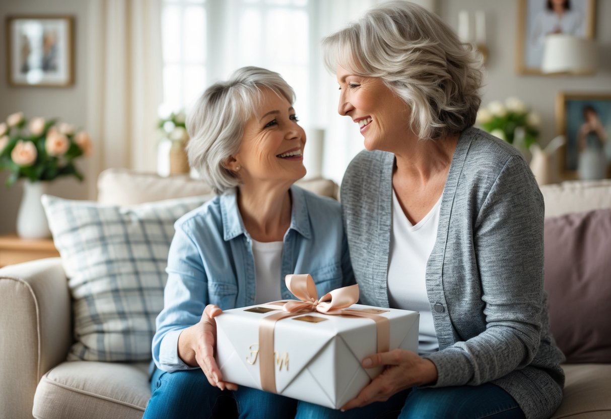 A mother receiving a customized gift from her adult child in a cozy living room, both smiling warmly.