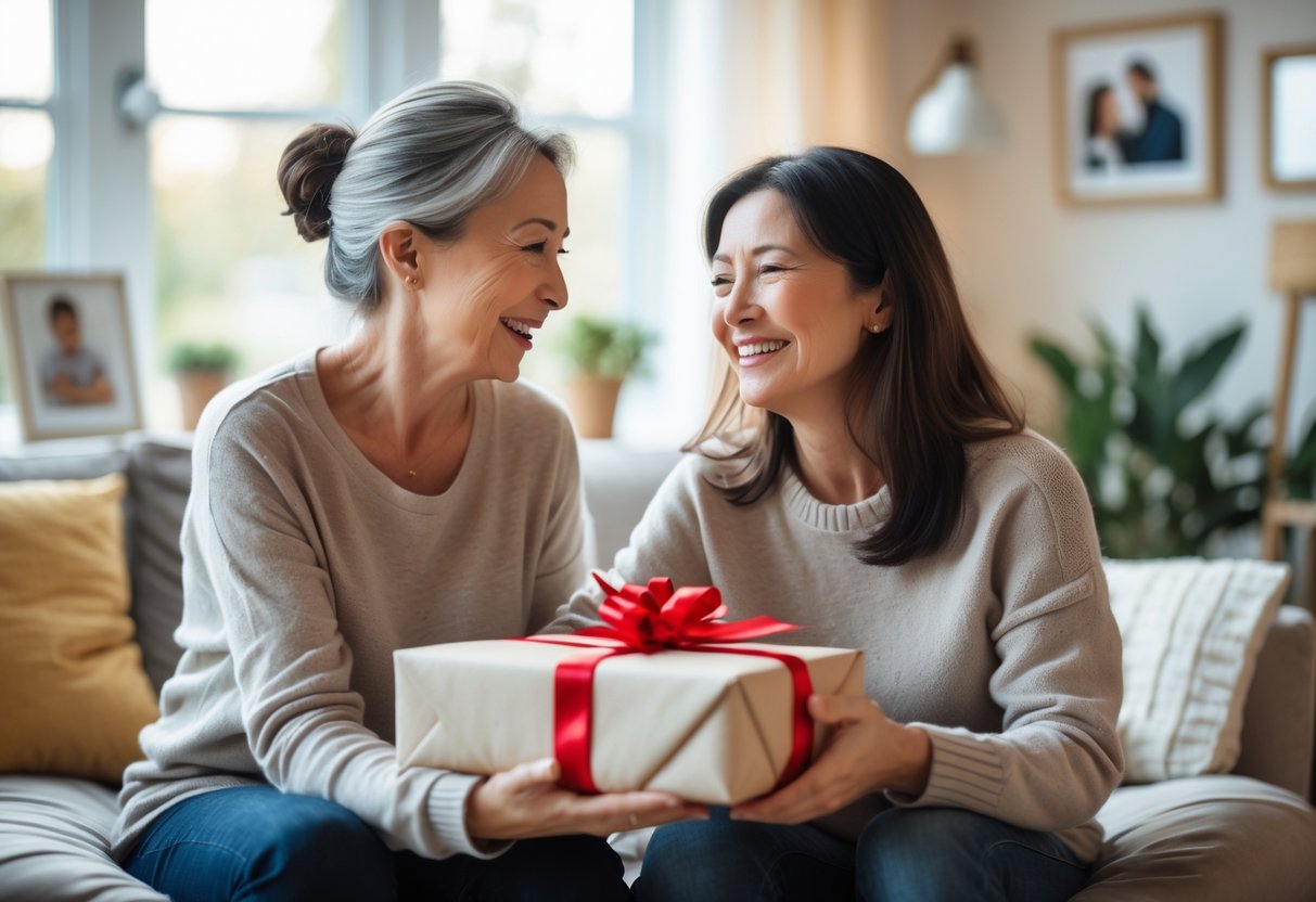 A mother and her adult child exchanging a customized gift in a cozy living room, both smiling warmly and sharing a joyful moment.