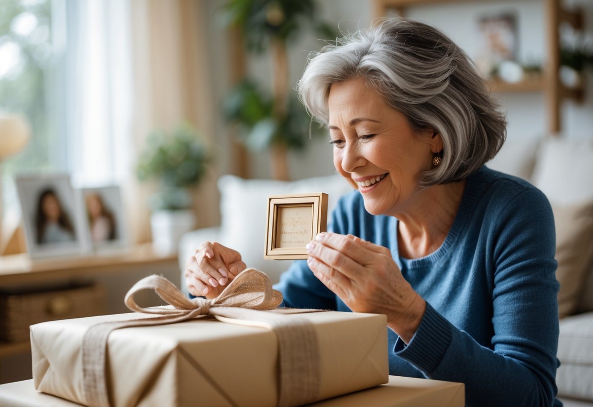 A mother happily receives a personalized gift from her adult child in a cozy living room.