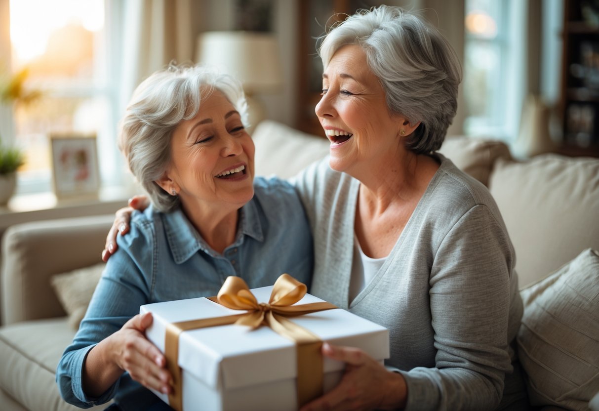 A mother happily receiving a wrapped personalized gift from her adult child in a cozy living room.