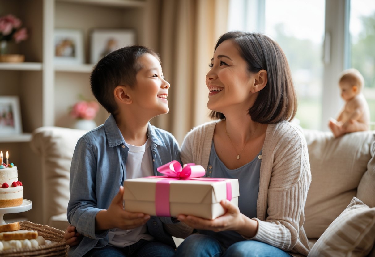 A mother smiling with tears of joy as she receives a personalized gift from her child in a cozy living room with items representing different life moments around them.