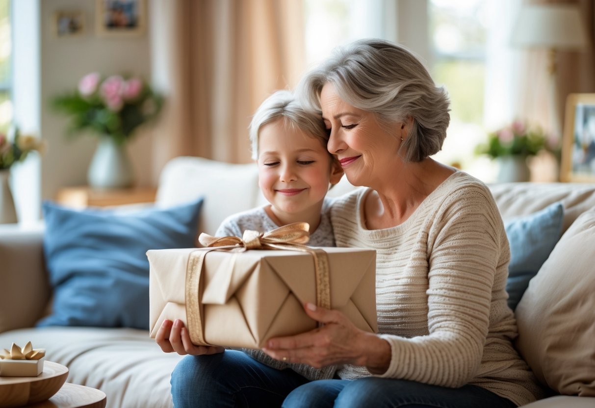 A mother smiling emotionally as she receives a customized gift from her adult child in a cozy living room.