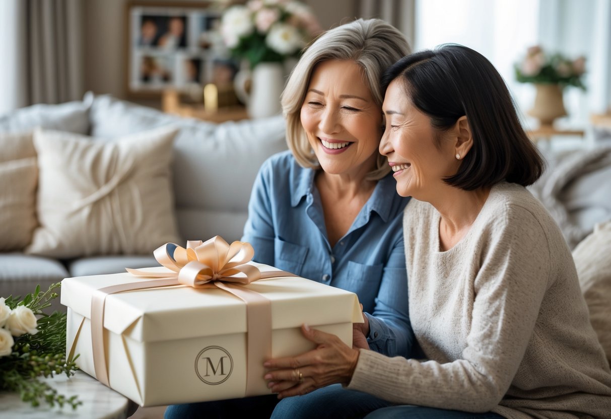 A mother and adult child sharing a warm moment as the child gives her a personalized gift in a cozy living room.
