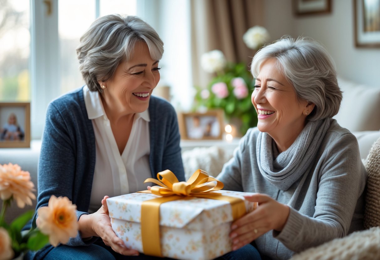 A middle-aged woman happily receiving a beautifully wrapped personalized gift from her adult child in a cozy living room.