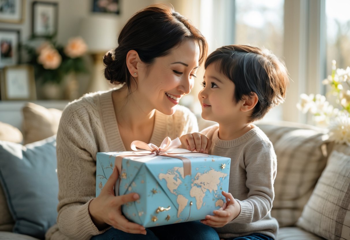 A mother and her young child share a tender moment while holding a personalized gift box in a cozy living room.