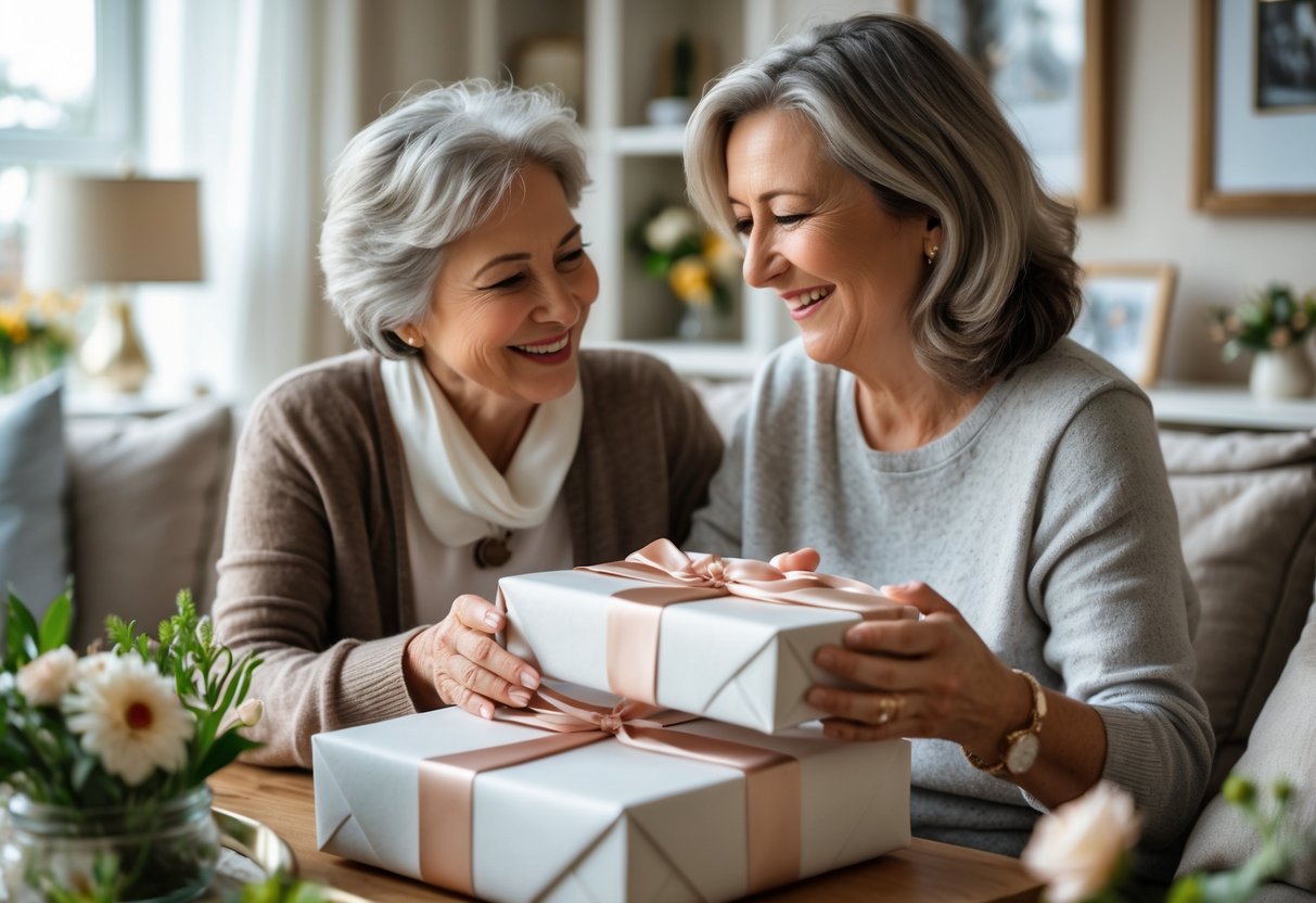 A mother and adult child sharing a joyful moment as the child gives a personalized gift in a cozy living room.
