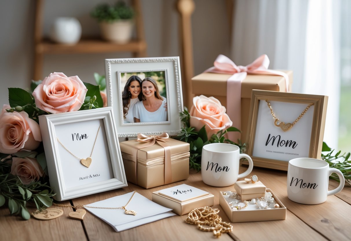 A collection of personalized gifts for moms displayed on a wooden table with flowers and soft lighting.
