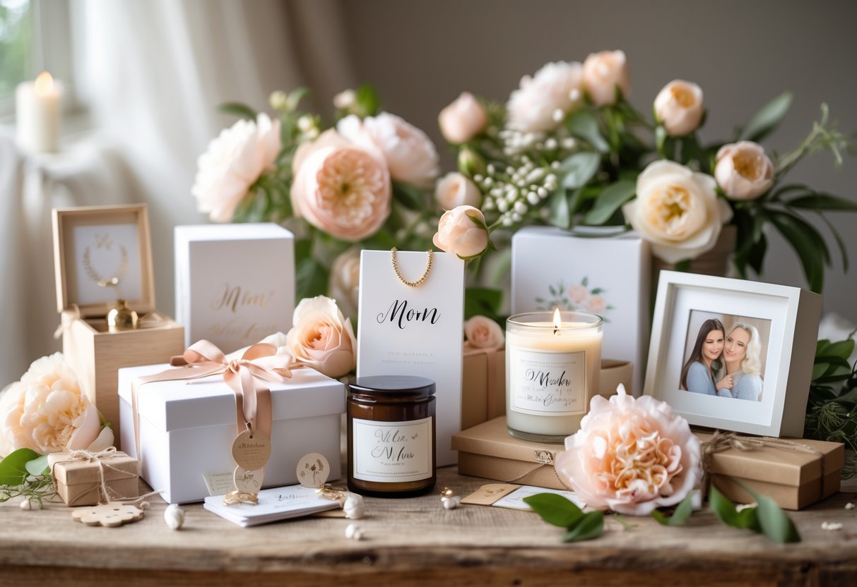 A collection of personalized gifts including engraved jewelry, photo frames, candles, and keepsake boxes arranged on a wooden table with flowers and ribbons.