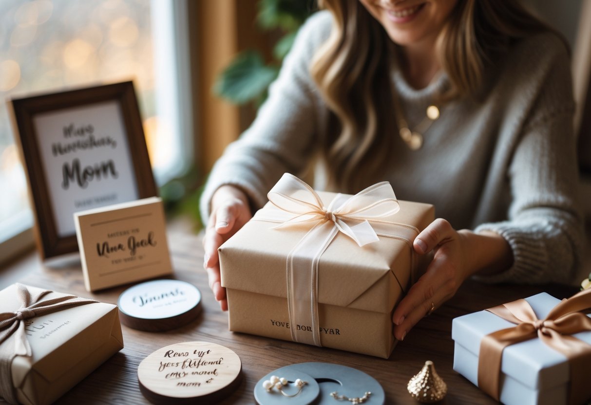 A person holding a beautifully wrapped gift box in a cozy room filled with personalized gift items, preparing to give a present to their mother.