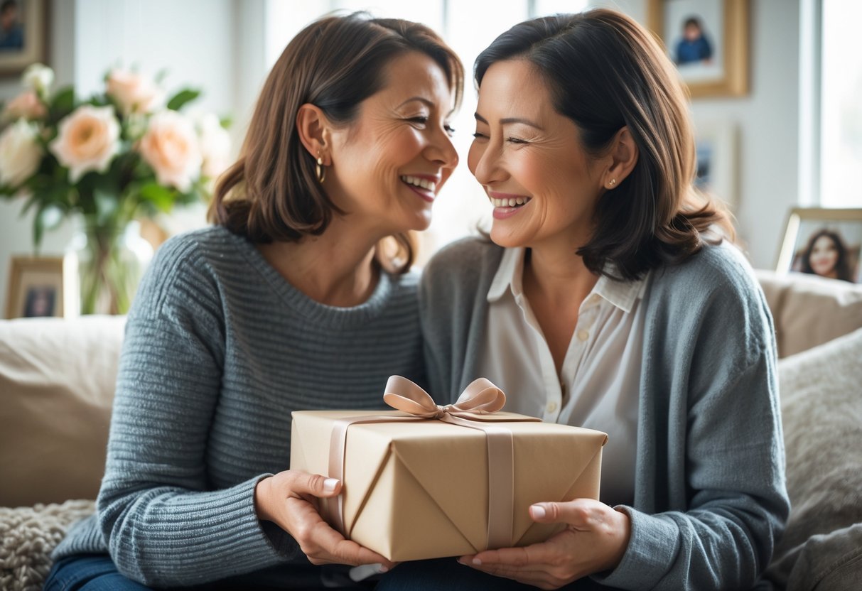 A mother and adult child smiling and sharing a moment as the mother holds a wrapped personalized gift in a cozy home setting.