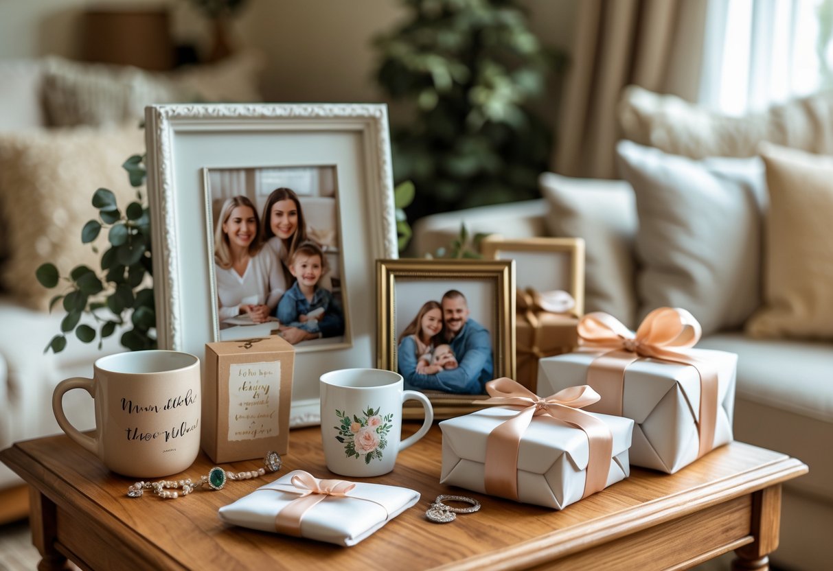 A table displaying various personalized gifts for a mother, including engraved jewelry, a photo frame, a mug, and a wrapped gift box, set in a cozy living room.