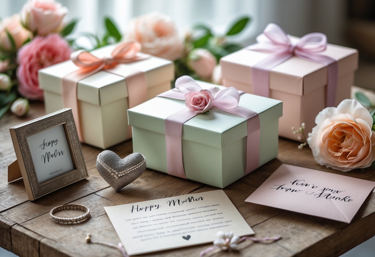 A collection of beautifully wrapped customized gifts with ribbons, a photo frame, engraved jewelry, and flowers arranged on a wooden table.