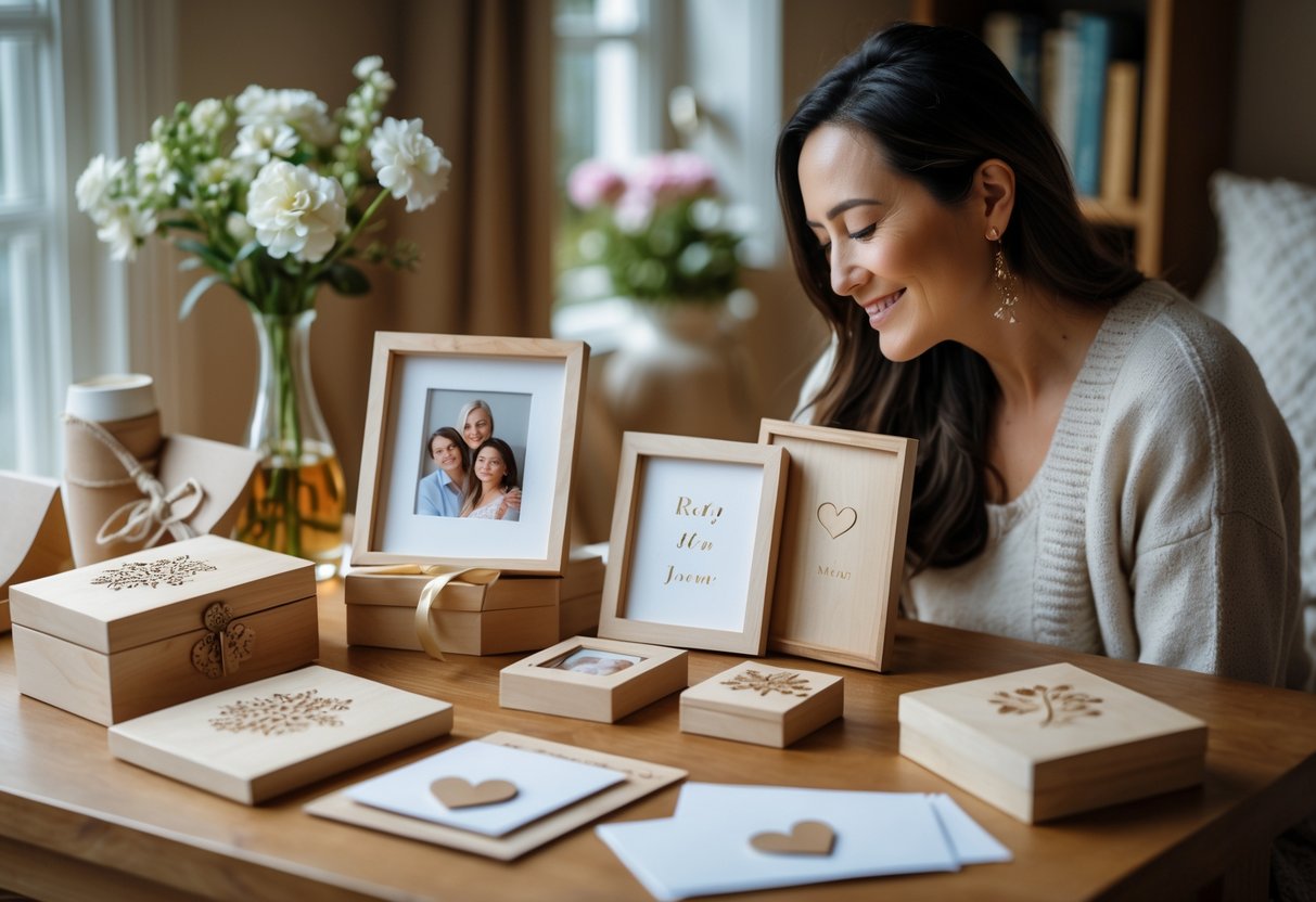 A mother admiring personalized gifts on a wooden table in a cozy home setting with natural light and flowers nearby.