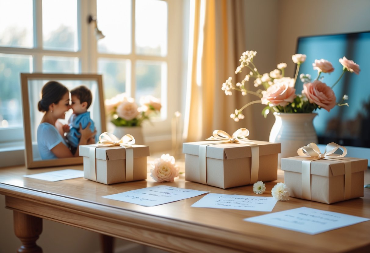 A cozy workspace with wrapped customized gifts, handwritten notes, flowers, and a framed photo of a mother and child.