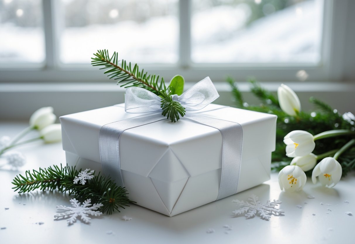 A wrapped birthday gift with a silver ribbon surrounded by winter flowers and greenery on a white surface with a snowy window background.