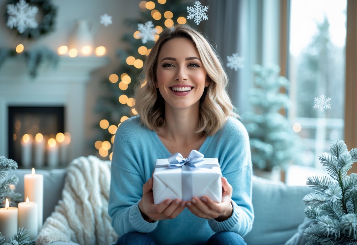 A smiling woman holding a wrapped gift in a cozy room decorated with winter-themed decorations like pine branches and snowflakes.