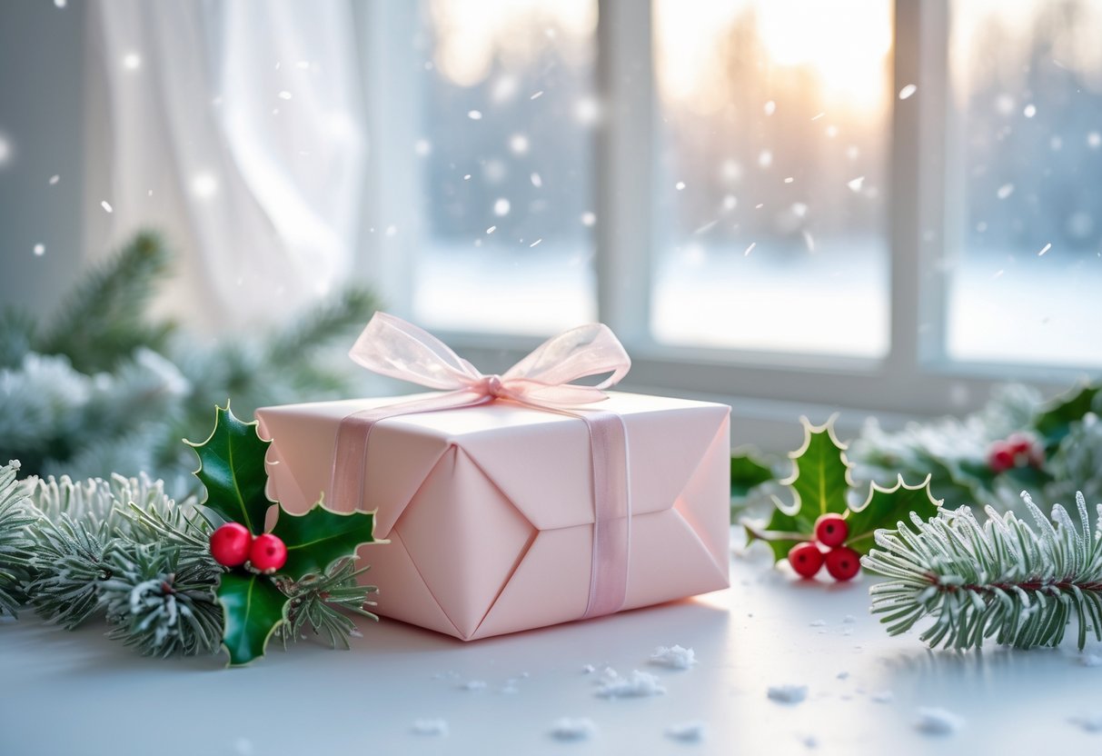 A wrapped gift box surrounded by frosted pine branches and snowflakes on a white surface with a snowy landscape visible through a window in the background.