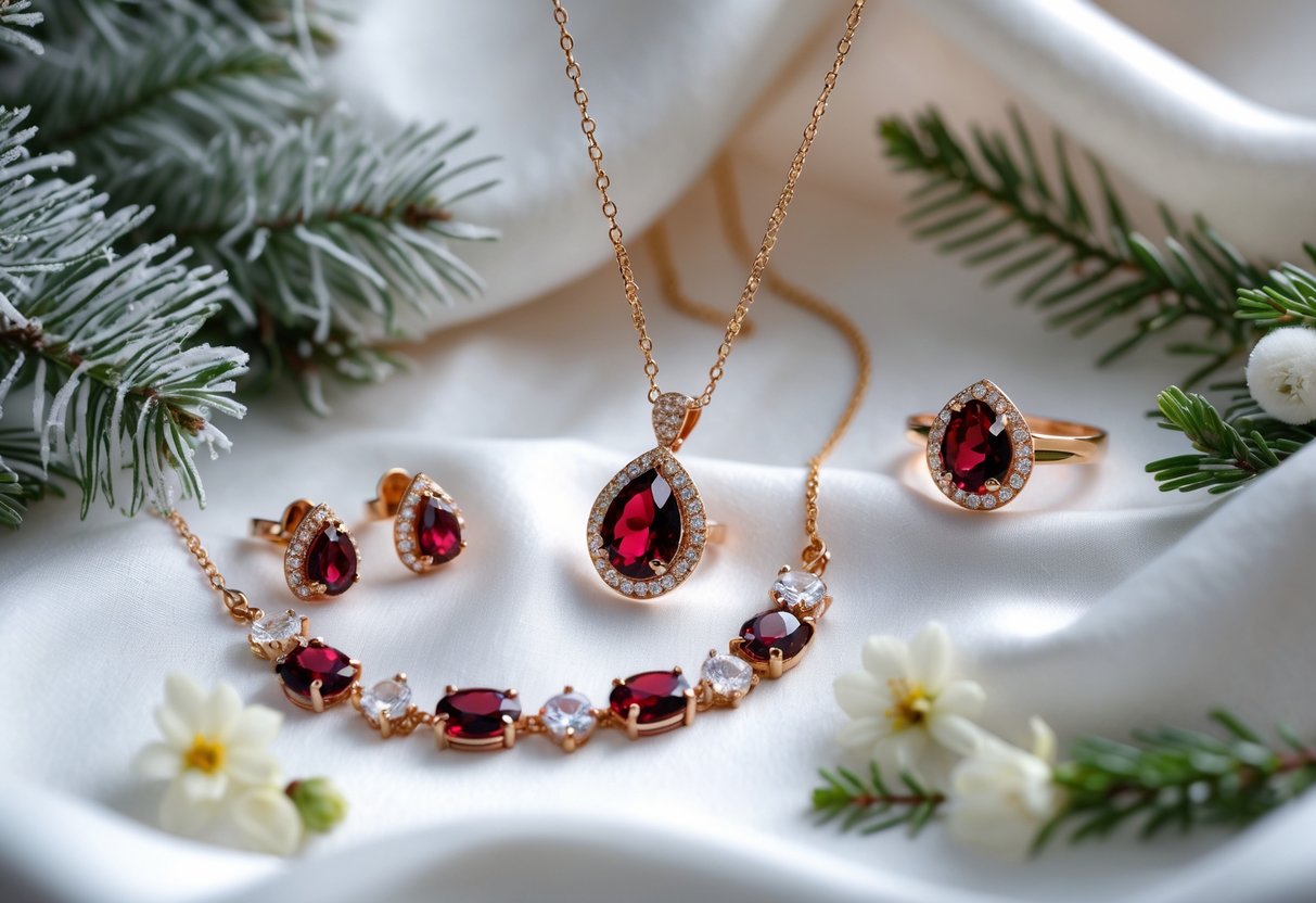Close-up of garnet jewelry including a necklace, earrings, and ring arranged on white silk with winter greenery and frosted pine branches.
