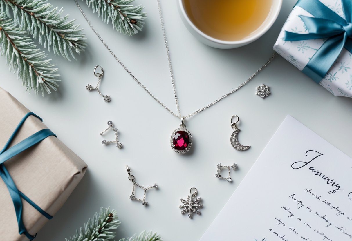 A flat lay of January birthday gifts including a garnet necklace, zodiac charms, wrapped present, pine branches, snowflakes, and a cup of tea on a white surface.