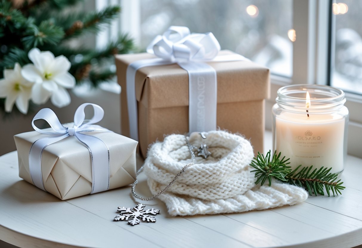 A table displaying personalized birthday gifts including a wrapped box, silver snowflake necklace, knitted scarf, potted evergreen plant, and a glowing candle, with winter decor in the background.