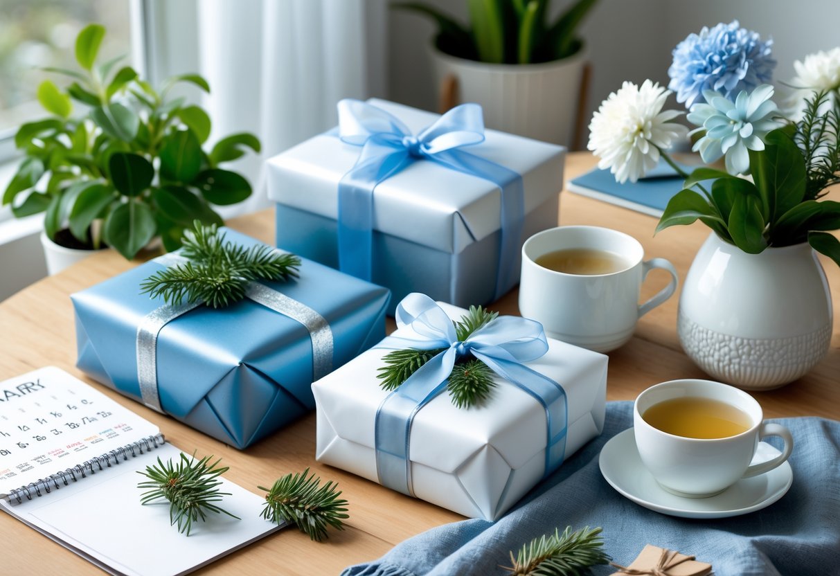 A cozy table with neatly wrapped gifts, winter flowers, green plants, and a cup of tea, suggesting thoughtful birthday presents for a woman in January.
