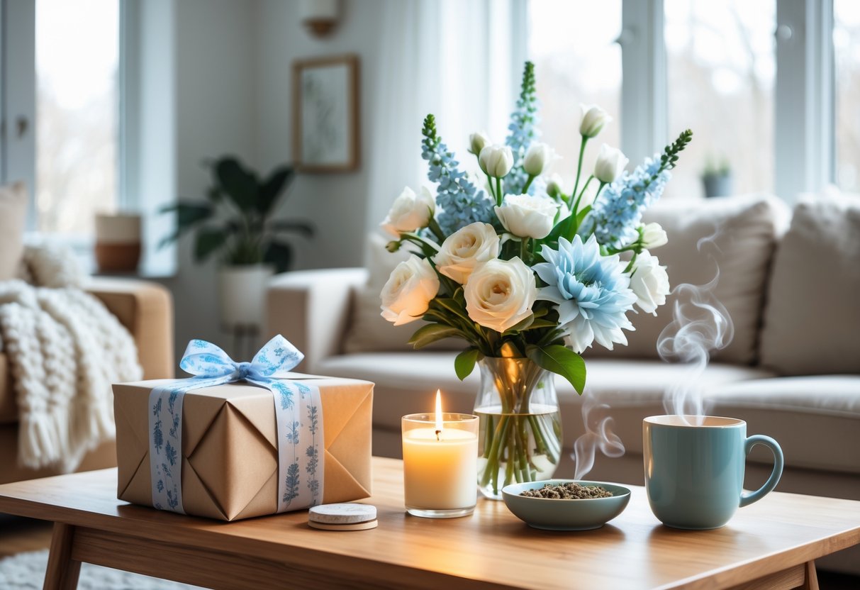 A cozy living room with natural light, featuring a coffee table with wrapped gifts, a bouquet of flowers, a lit candle, and a mug of tea.