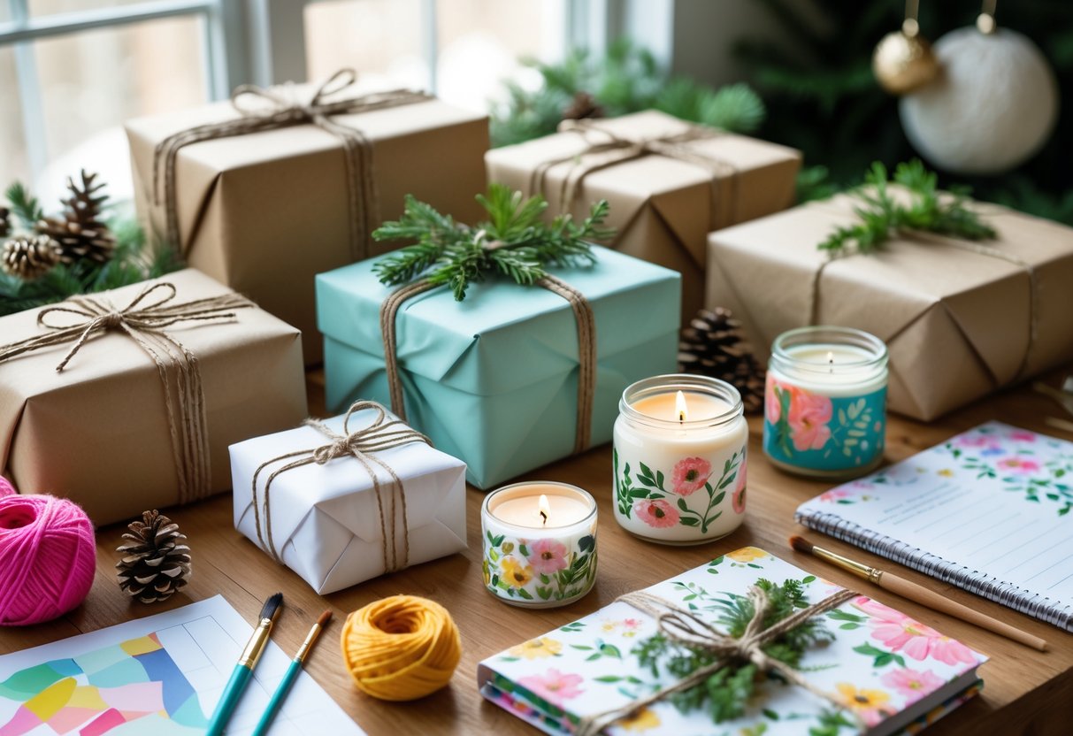 A wooden table displaying handmade birthday gifts including wrapped boxes, painted mugs, scented candles, and journals, surrounded by crafting materials and winter greenery.