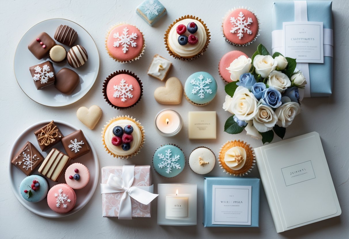 Flat lay of assorted sweet treats and wrapped experiential gifts arranged on a light surface, including chocolates, macarons, cupcakes, flowers, candles, and a journal.