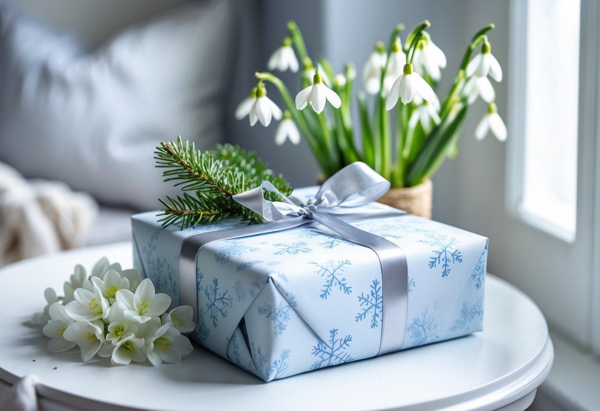A beautifully wrapped winter-themed gift box next to a bouquet of white and pale blue flowers on a white surface with soft natural light and a cozy interior background.