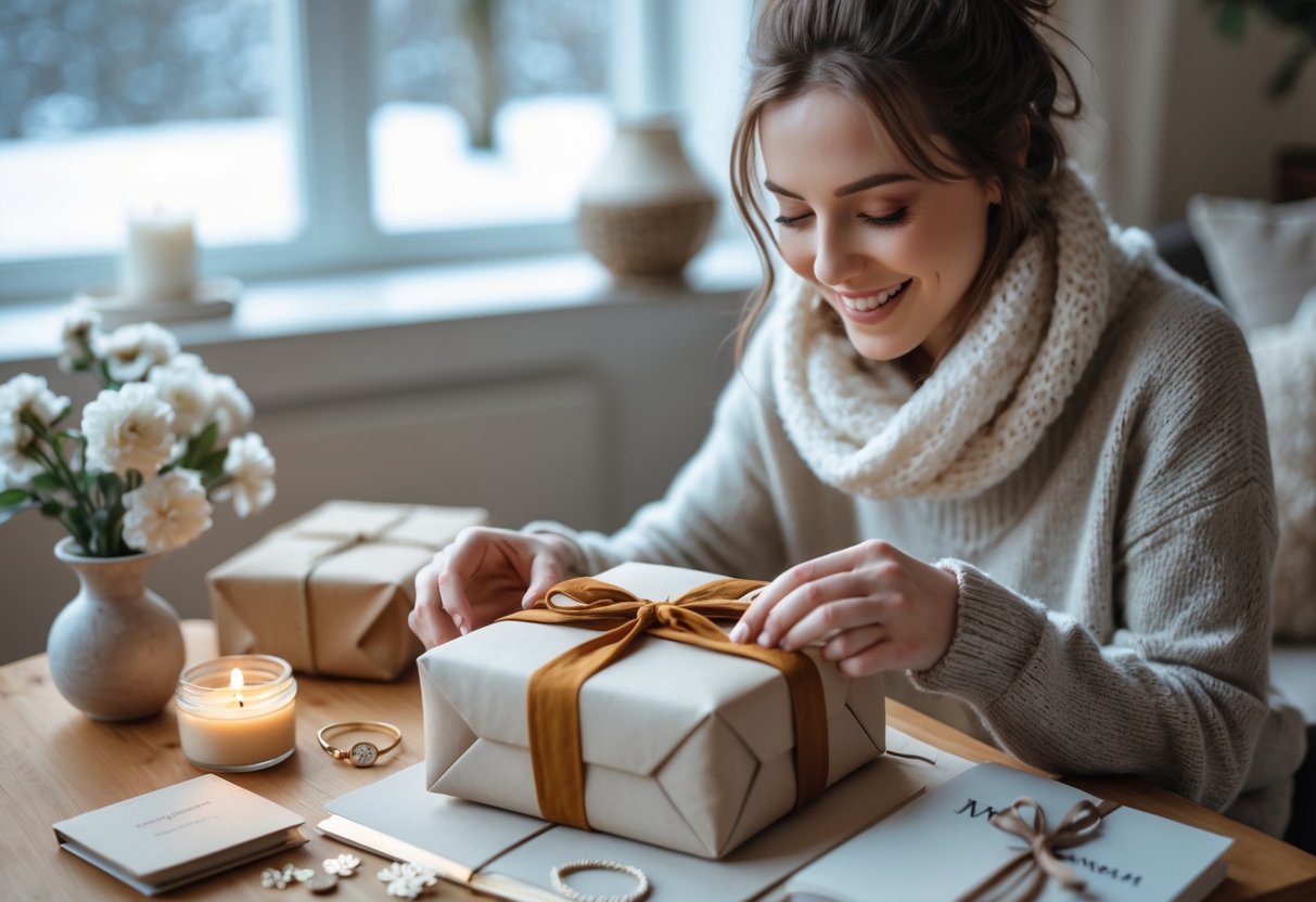 A young woman happily opening a wrapped gift in a cozy room with winter decorations and natural light.