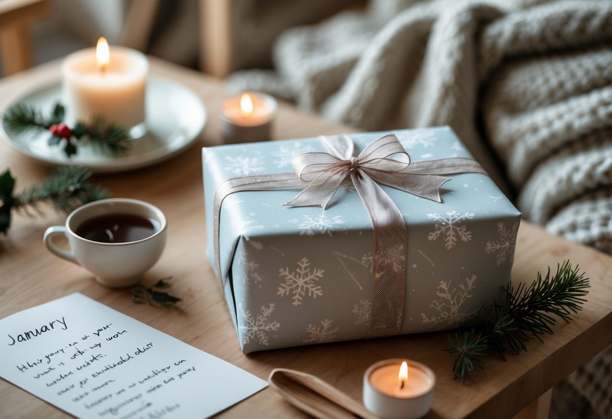 A wrapped gift box with winter-themed paper and ribbon on a wooden table, accompanied by a handwritten card, a candle, and a cup of hot tea in a cozy indoor setting.