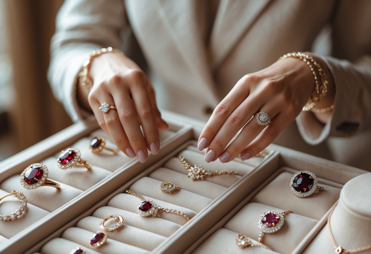 Close-up of a woman’s hands selecting elegant jewelry from a display with various rings and necklaces.