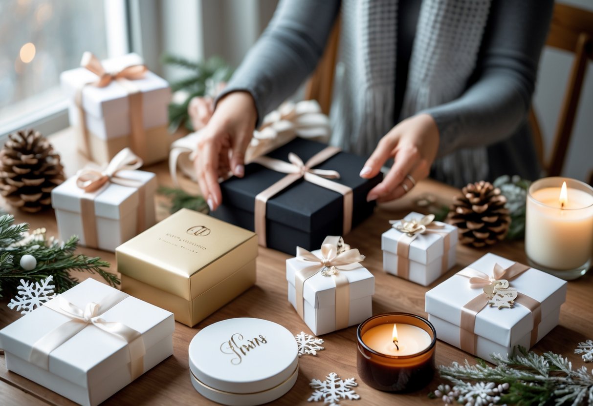 A woman’s hands selecting personalized birthday gifts including engraved boxes, monogrammed scarves, and custom photo frames decorated with winter-themed accents on a wooden table.