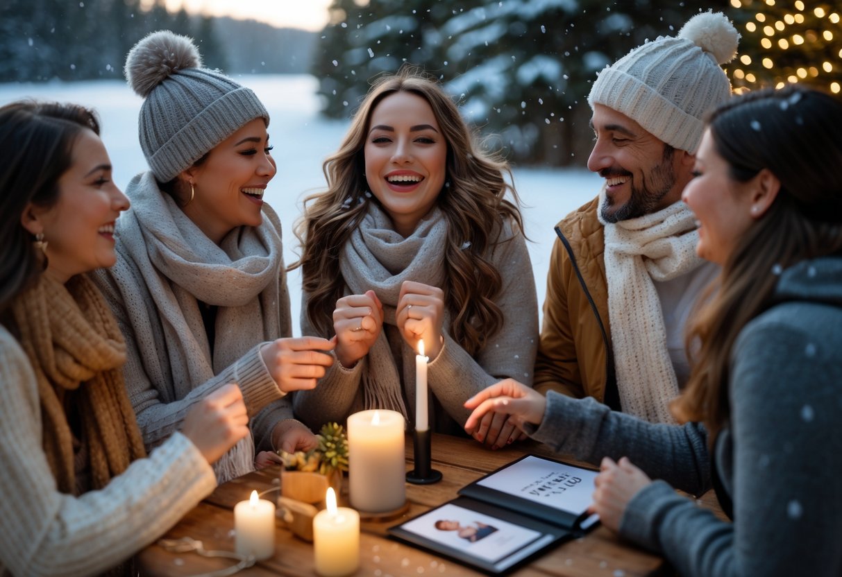 A woman celebrating her birthday outdoors in winter with friends and family, surrounded by gifts and snowy trees.