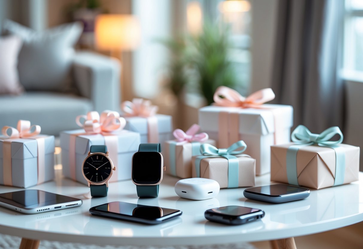 A table displaying modern tech gadgets and wrapped gift boxes in a cozy home setting.