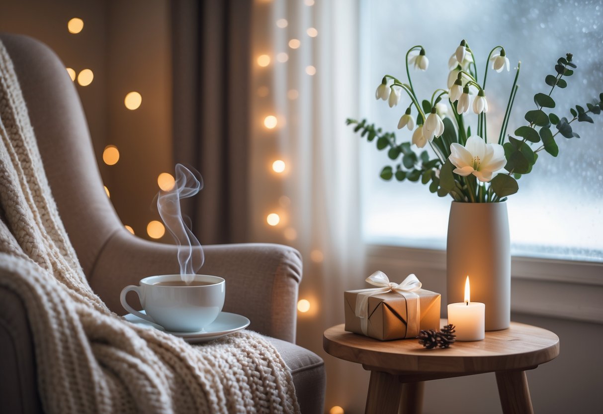 A cozy indoor scene with a comfortable armchair, a knit blanket, a steaming cup of tea, a lit candle, a wrapped gift box, and a vase of winter flowers by a frosted window.
