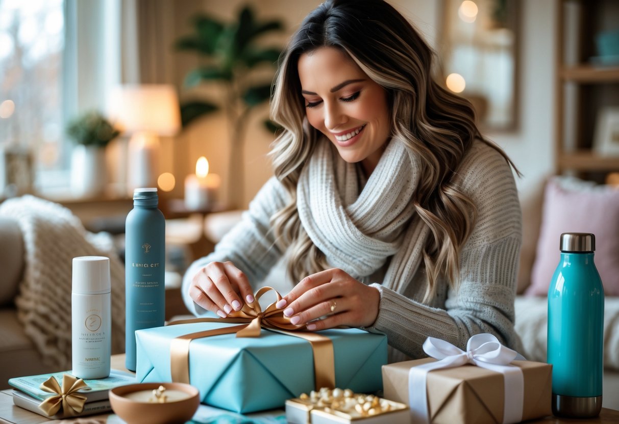 A woman happily opening a gift in a cozy living room with winter accents and practical presents around her.