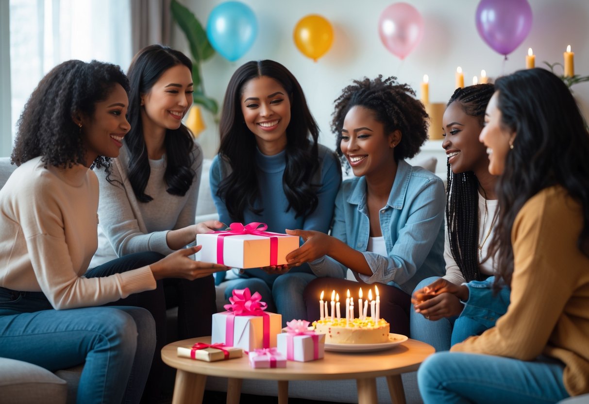 A group of women celebrating a birthday in a cozy living room with gift boxes, gift cards, and birthday decorations.