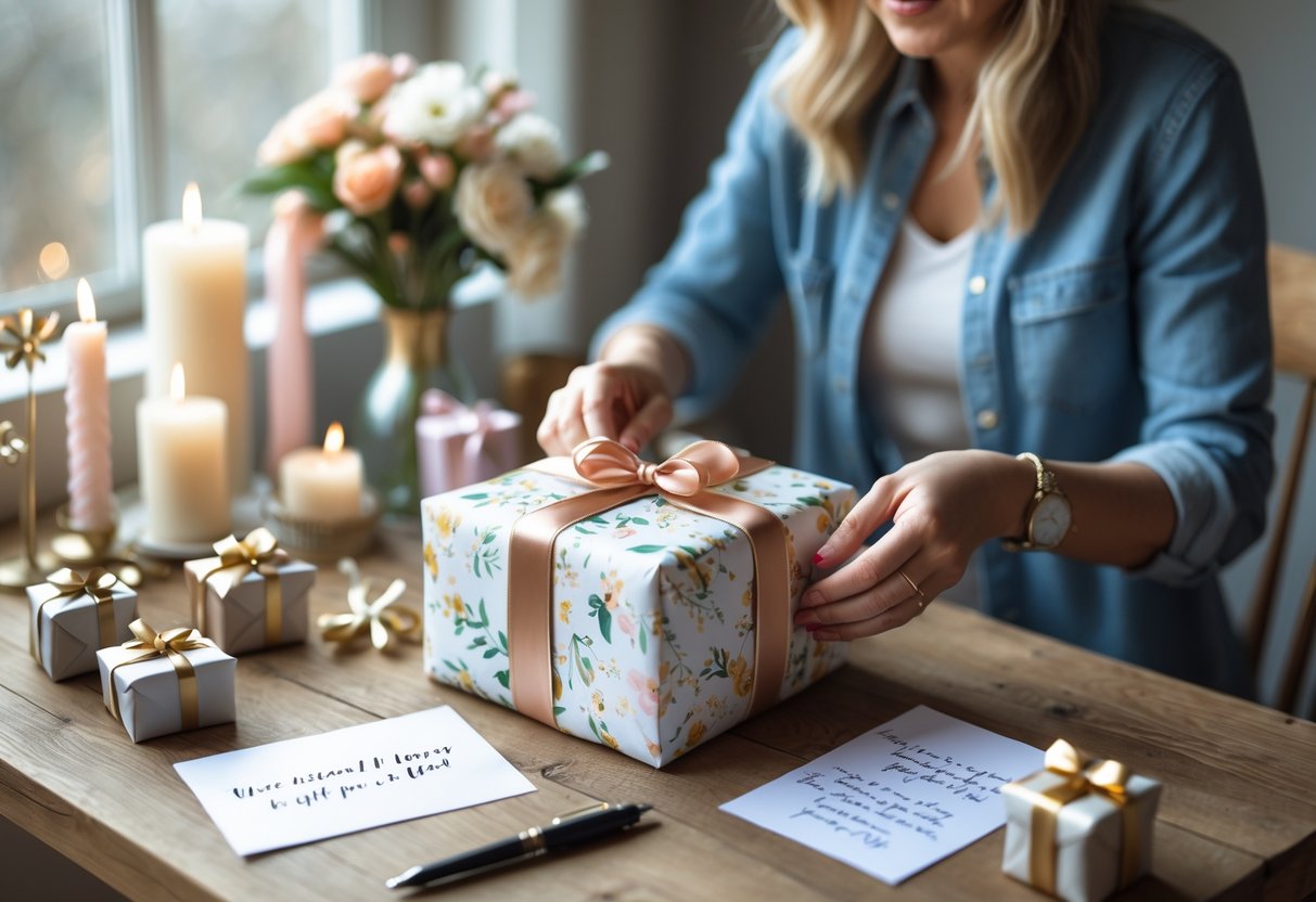 A woman wrapping a birthday gift with a ribbon at a table decorated with candles and flowers, preparing a personal present.