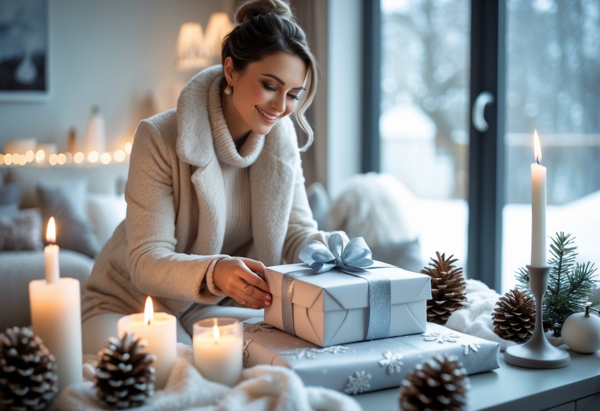A woman in a winter outfit smiling while holding a wrapped gift box in a cozy room decorated with winter-themed accents.