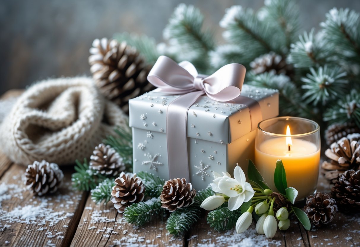A winter-themed gift arrangement with a wrapped present, pinecones, evergreen branches, a wool scarf, a lit candle, and white winter flowers on a rustic wooden surface.