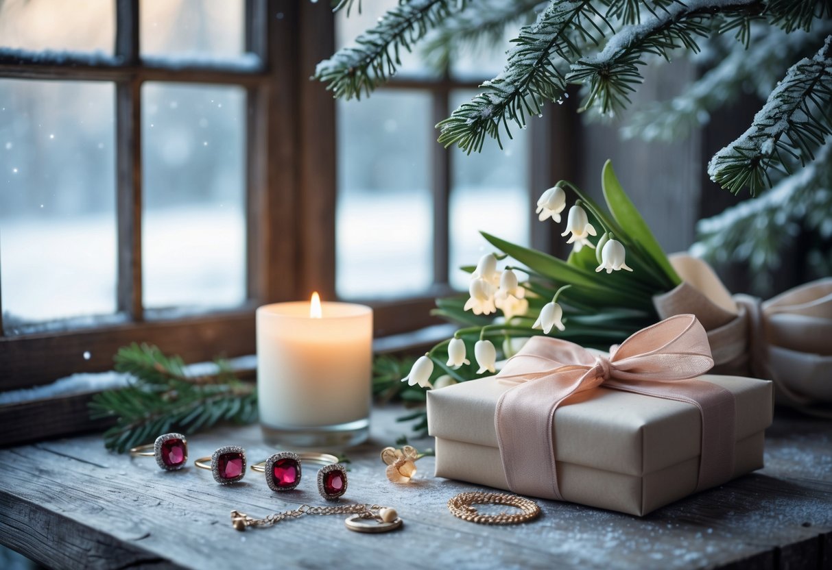 A cozy winter scene with garnet jewelry, a wrapped gift box, a cashmere scarf, winter flowers, and snow-covered evergreen branches by a frosted window.