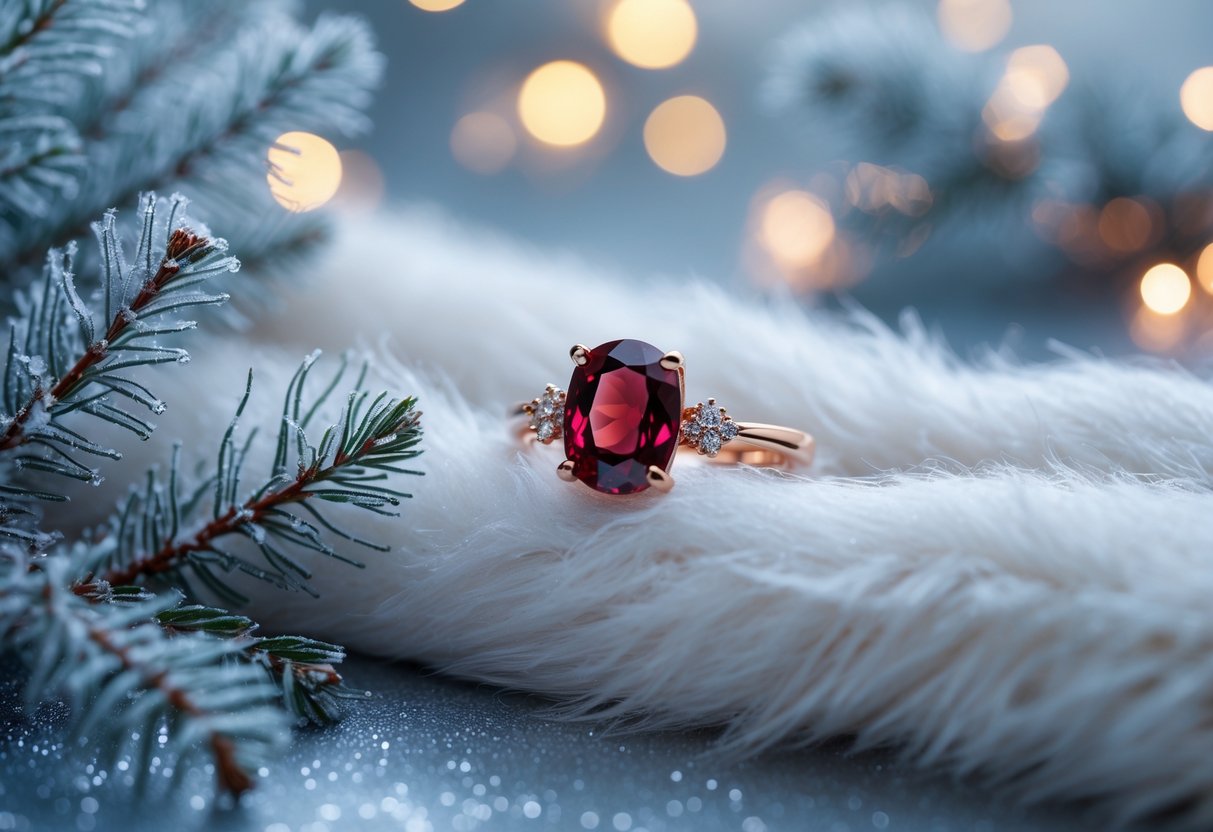 A garnet gemstone jewelry piece displayed on a soft white winter scarf with frosted pine branches and snowflakes in a cozy winter setting.