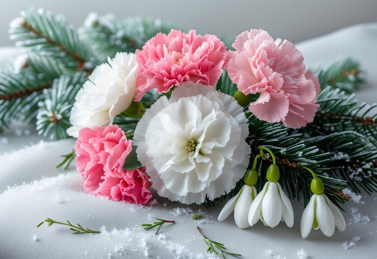 A close-up of pink and white carnations and white snowdrops arranged with frosted pine branches and snowflakes on a neutral background.