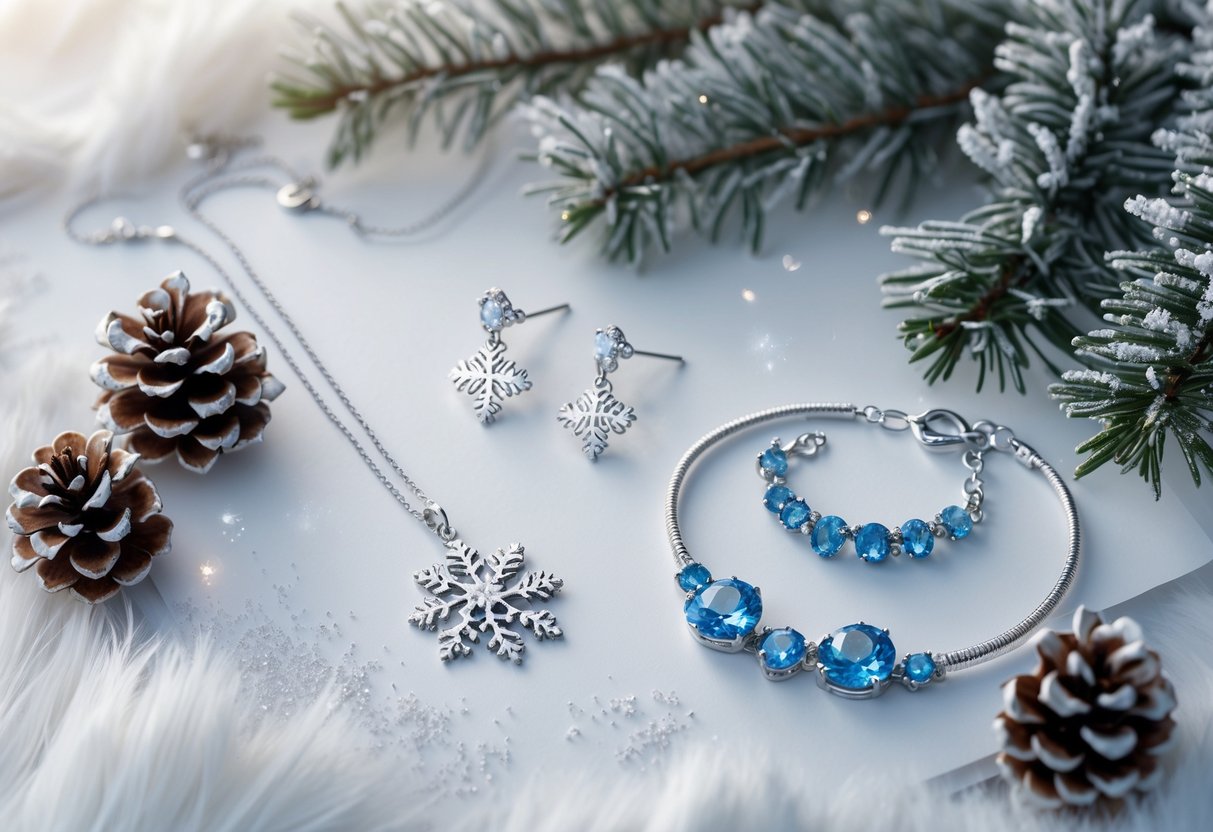 A set of silver snowflake jewelry including a necklace, earrings, and bracelet displayed on white fur with frosted pine branches and pinecones.