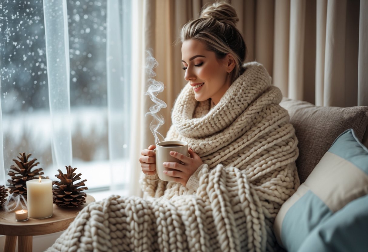 A woman wrapped in a blanket sits by a window with snow falling outside, holding a mug with a small gift box nearby.