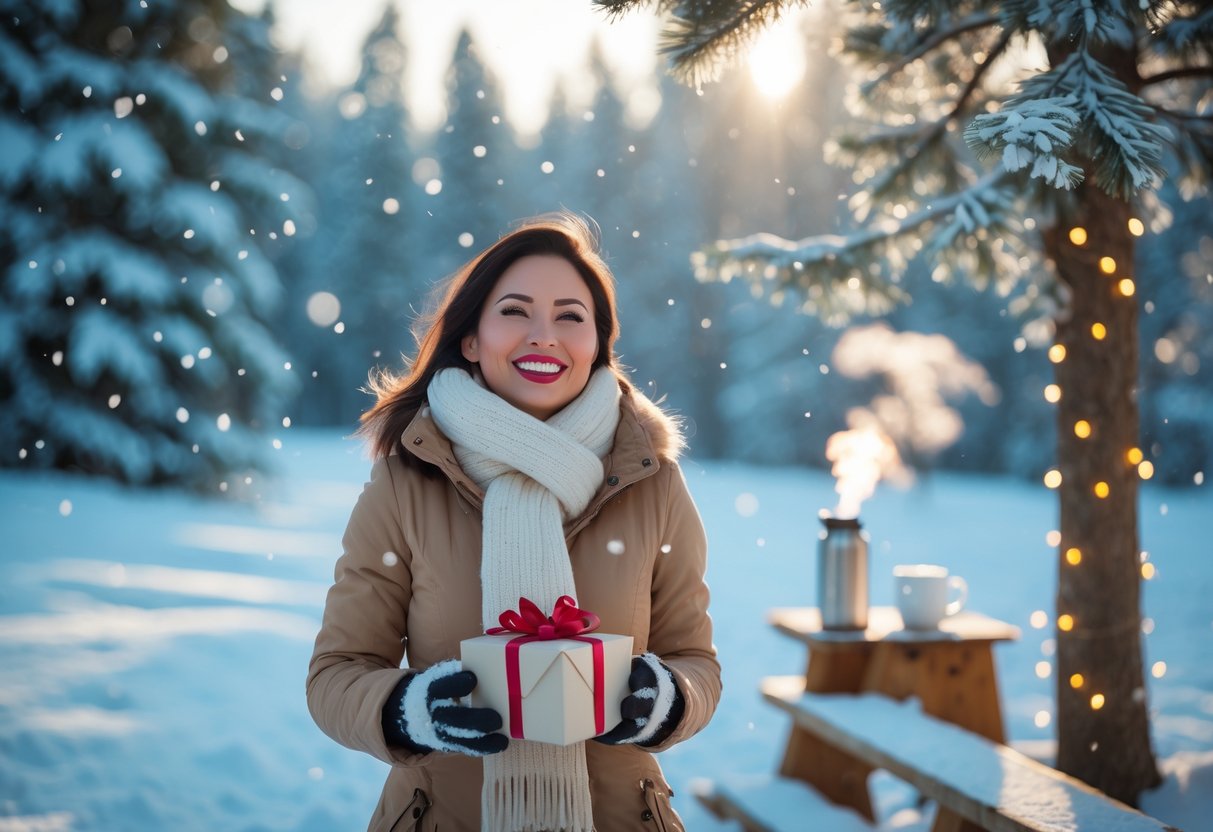 A woman in winter clothes holding a gift outdoors in a snowy forest with decorated pine trees and falling snow.