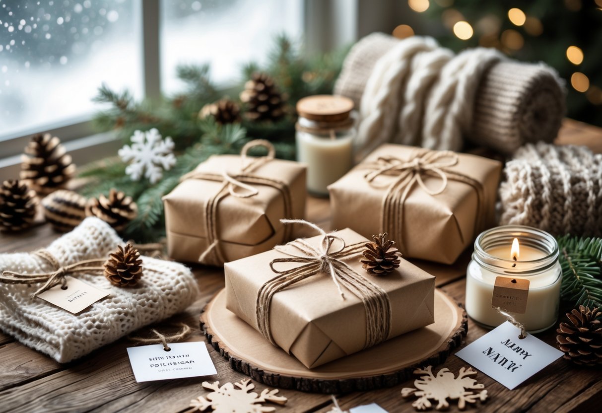 A table with neatly wrapped gift boxes, handmade candles, knit scarves, pinecones, and evergreen sprigs arranged with a snowy window in the background.