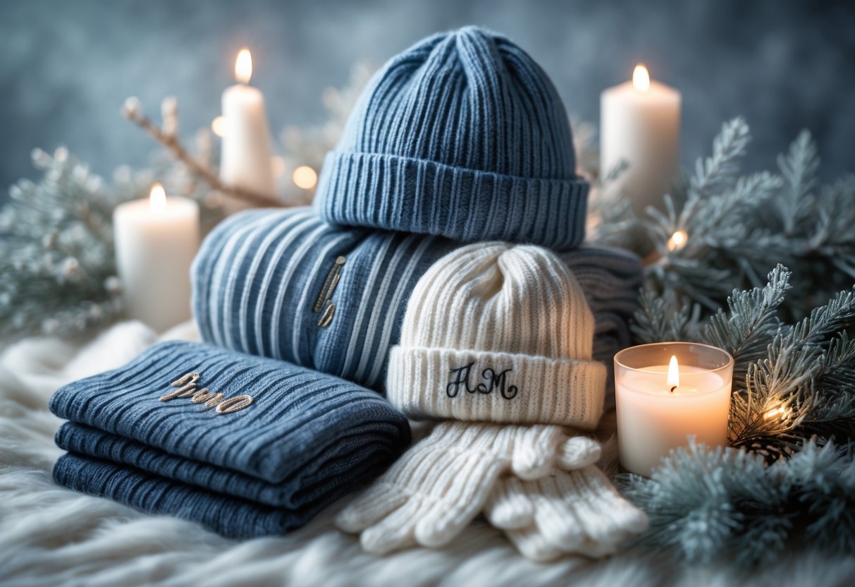 A display of personalized winter clothing and accessories including scarves, beanies, and gloves arranged with frosted pine branches and soft candlelight.